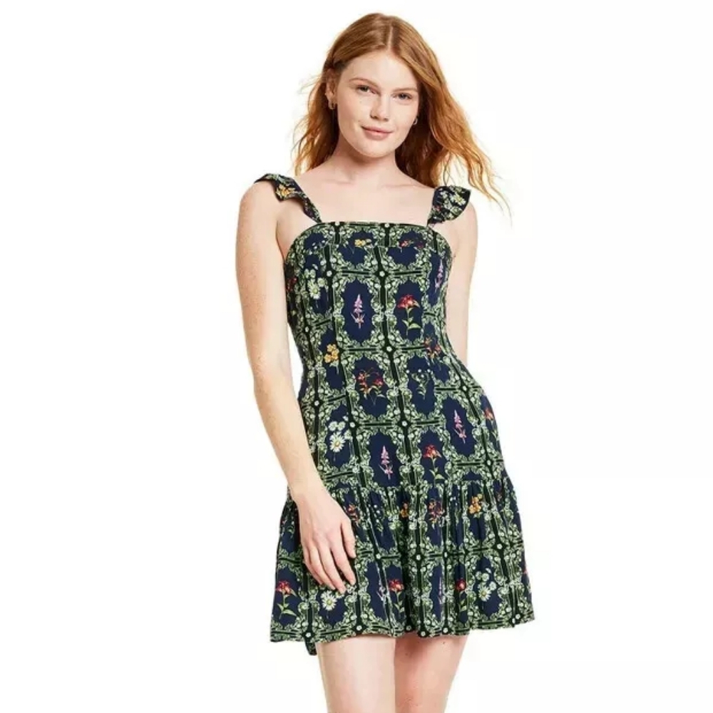 Agua Bendita x Target Floral Tile Flutter Mini Dress, Navy, size Small, EUC